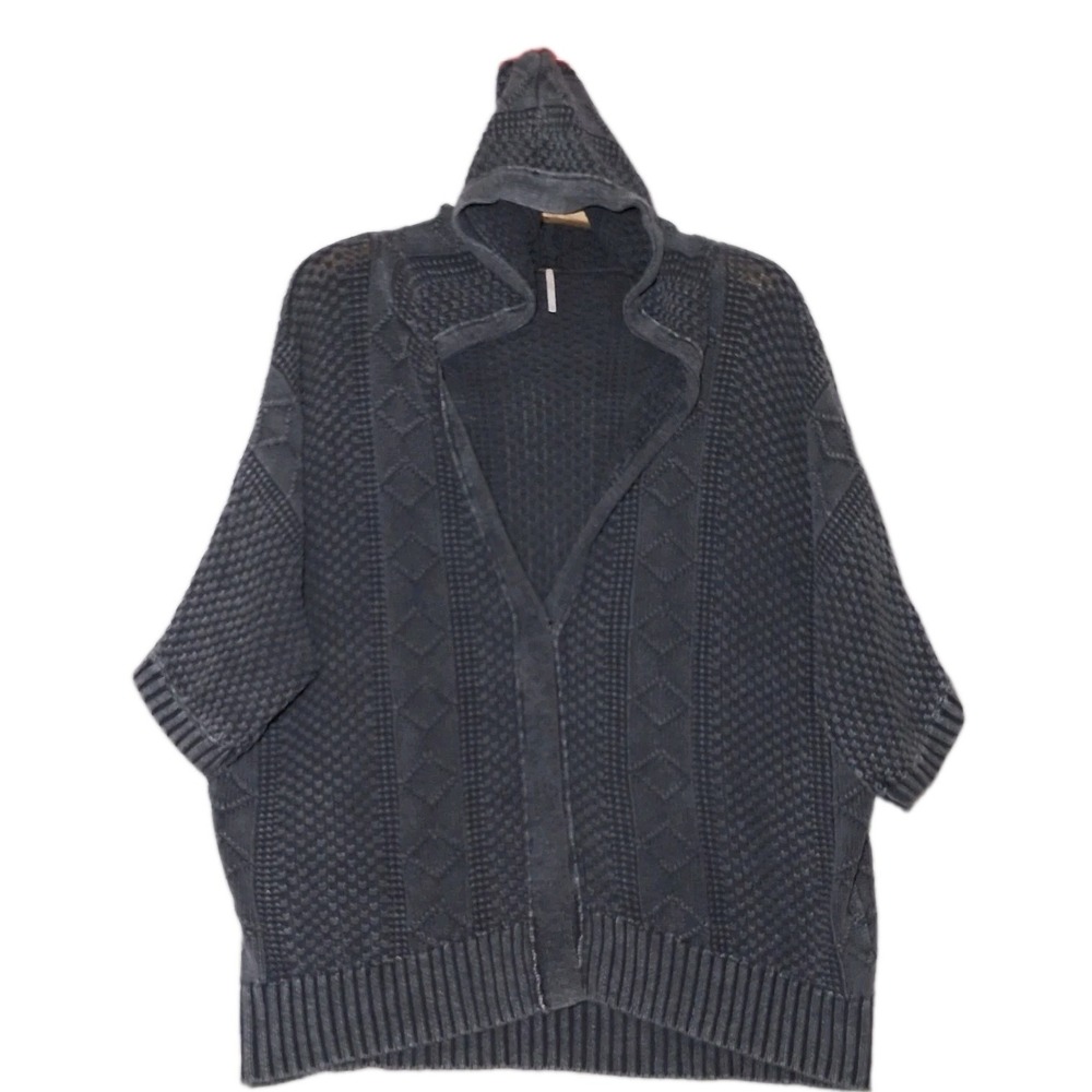 FREE PEOPLE Chunky Knit Hoodie Sweater Large Gray Distressed Ski Lodge Slouchy